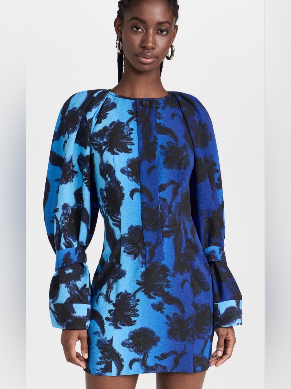 Stine Goya Libby Dress Oil Pastel Anemone Blue Black Long Sleeve Floral NWT L